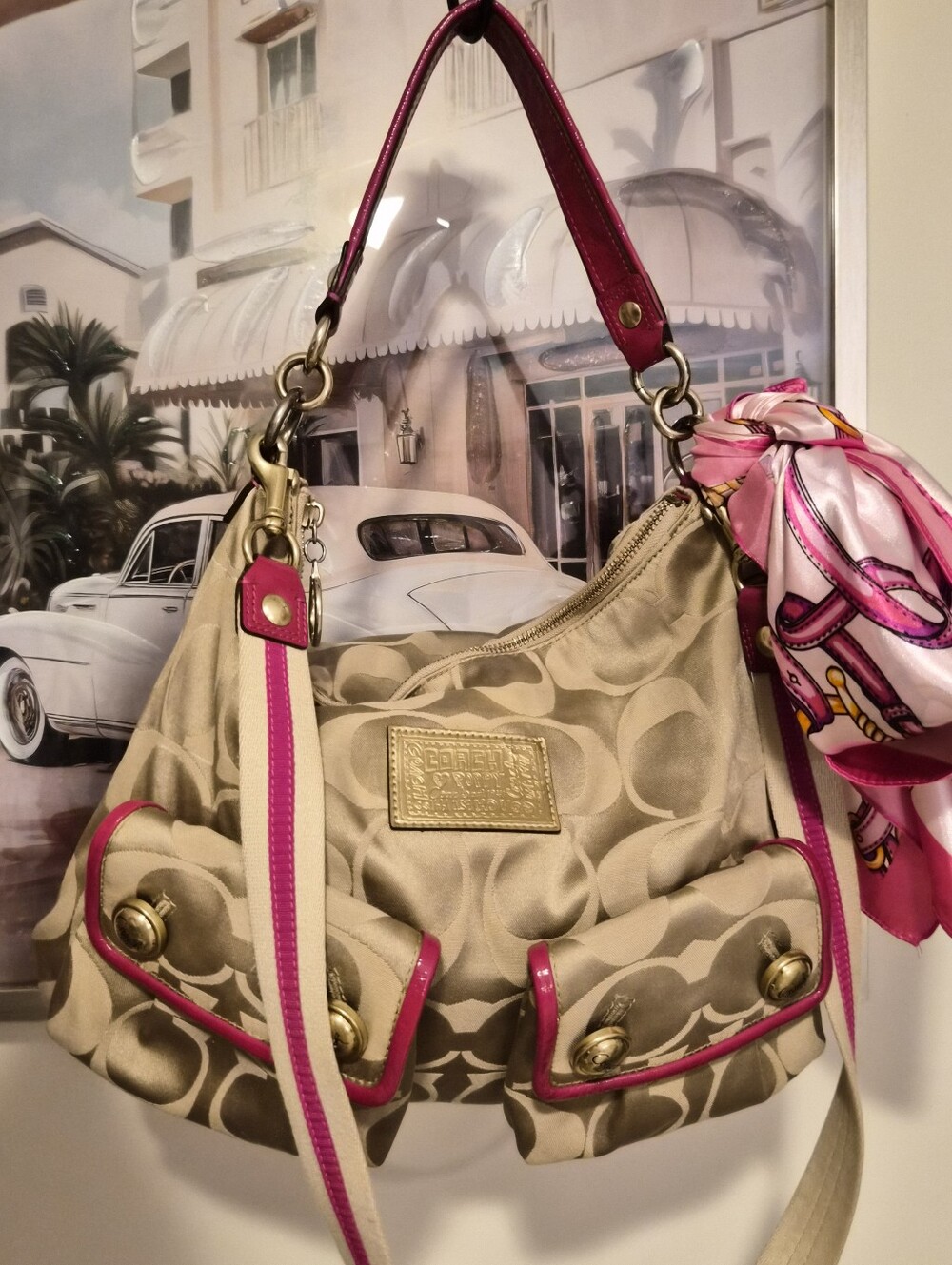 Coach Vintage Signature C Monogram Shoulder Bag with Pink Accents LNC
